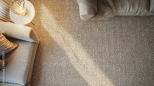 Top view of a cozy living room with a beige textured rug and sofa. Modern interior design flat lay with sunlight and shadows. Copy space for text