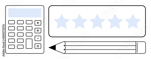 Evaluation, productivity, feedback, performance review, rating system, business tools. Calculator, five-star rating bar and pencil . Evaluation and productivity concept ed with tools for assessment
