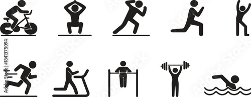 Fitness and Sports Silhouette Vector Icon Set of People Exercising in Gym and Outdoors for Health and Wellness Design