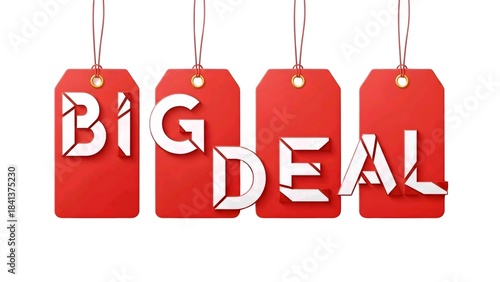 Eye-catching red price tags prominently displaying 'BIG DEAL' text, symbolizing attractive discounts and special offers, perfect for shopping promotions, marketing campaigns, and retail advertisements