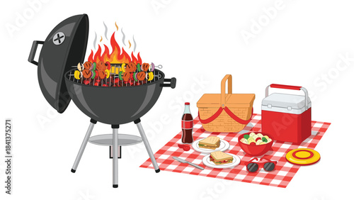 A barbecue grill with food and picnic supplies on a red and white checkered blanket