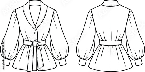 Belted blazer jacket with puff sleeves technical drawing front and back view vector illustration fashion design template