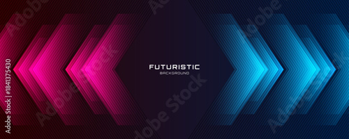 Blue pink abstract background overlap layer on dark space with glowing arrows effect decoration. Modern graphic design element lines style concept for web banner, flyer, card, or brochure cover