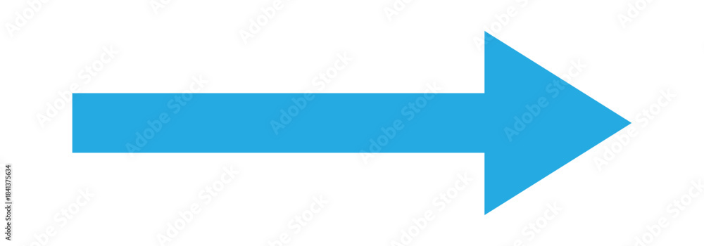 Obraz premium Bold long blue arrow icon. Flat style long blue arrow pointing to the right side. Horizontal long arrow isolated on white background.