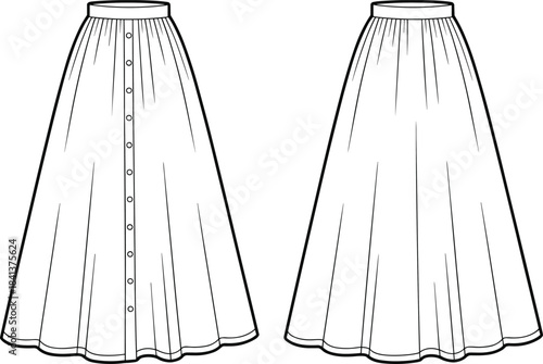 Button front maxi skirt technical drawing front and back view vector illustration fashion design template isolated white background