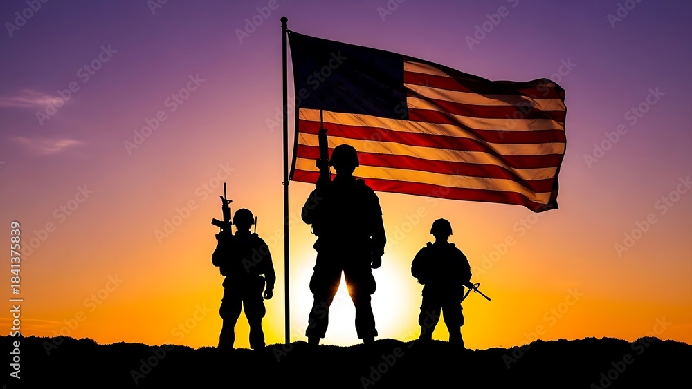 Obraz premium US Soldiers Silhouetted with American Flag at Sunset.