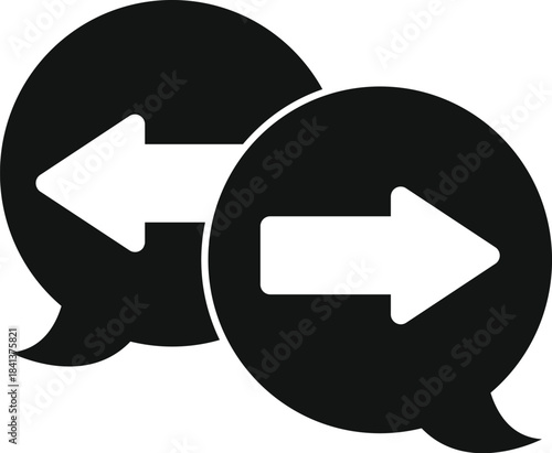 Two overlapping speech bubbles containing opposing arrows symbolizing conversation and dialogue