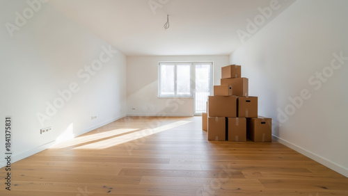 Bright empty room featuring light wood flooring and a large stack of cardboard moving boxes