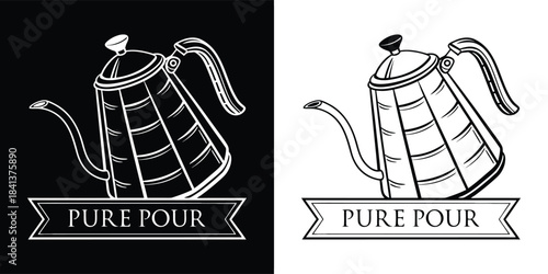 Vintage pour over coffee kettle with pure pour text on a ribbon, shown in black and white