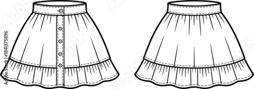 Button front ruffled skirt technical drawing front and back view vector illustration fashion design template isolated background