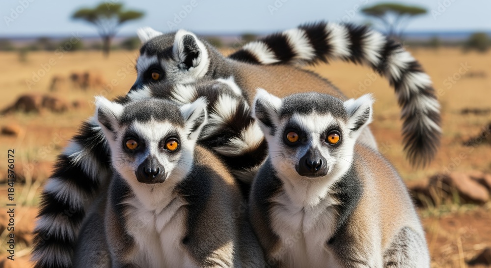 Naklejka premium Three ring-tailed lemurs with striking black and white striped tails and bright orange eyes in their natural African savanna habitat. Perfect for wildlife content and nature themes.