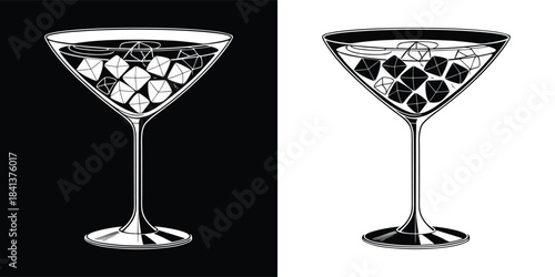 A classic martini glass filled with ice and liquid, depicted in a sharp black and white illustration with a dark background