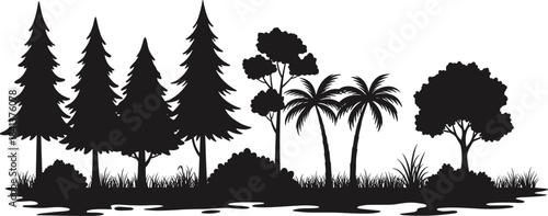 Tree silhouettes collection, diverse forest plants, palm trees, conifer shapes, jungle vegetation, landscape design, foliage variety, abstract art, botanical illustration, environment