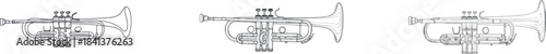 The trumpet music instrument is depicted in a continuous one line drawing with a modern simplicity design