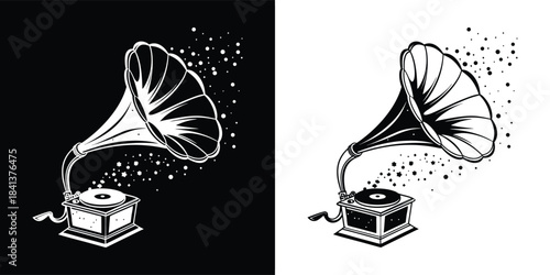 A vintage gramophone with a large horn, emitting musical notes and particles, presented in both black and white versions for versatile use