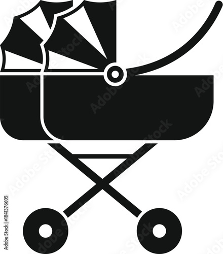 Baby pram icon in black and white silhouette symbolizing parenthood, family, and child care