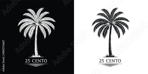 Artistic depiction of a palm tree with lush fronds and a textured trunk, featuring the text 25 cento at its base, in black and white
