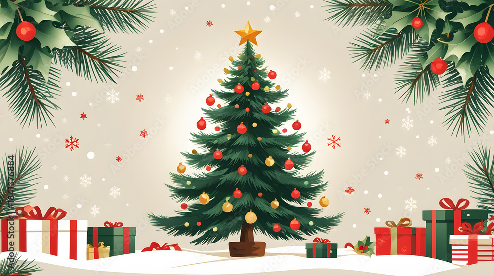 Naklejka premium Multiple Christmas Trees and Gift Boxes on a Classic Red Holiday Background Generative AI