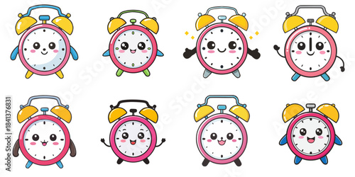 Multiple vector illustrations of cute-faced alarm clocks
