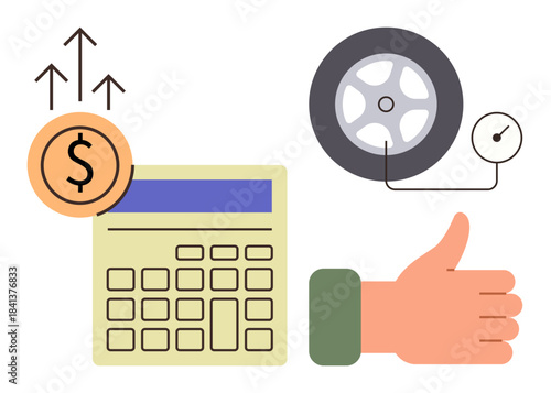 Calculator with financial growth arrows, dollar sign, car wheel and pressure gauge, and thumbs-up. Ideal for finance, automotive care, cost efficiency, inflation, spending habits budget planning