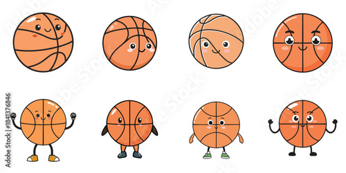 Multiple vector illustrations of cute-faced basketballs