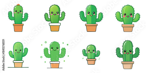 Multiple vector illustrations of cute-faced cacti