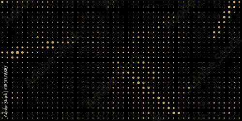 Abstract luxury banner with golden glittering dots on black background. Sparkling glitter bottom border, vector frame. Halftone effect. Magical gold dust. Pop art style backdrop.
