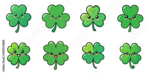 Multiple vector illustrations of cute-faced clovers