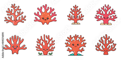 Multiple vector illustrations of cute-faced corals