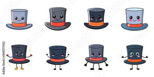Multiple vector illustrations of cute-faced top hats