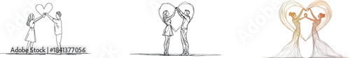 A continuous line drawing shows a cute couple, consisting of a romantic man and woman, making a love heart sign with their hands to represent their intimate relationship