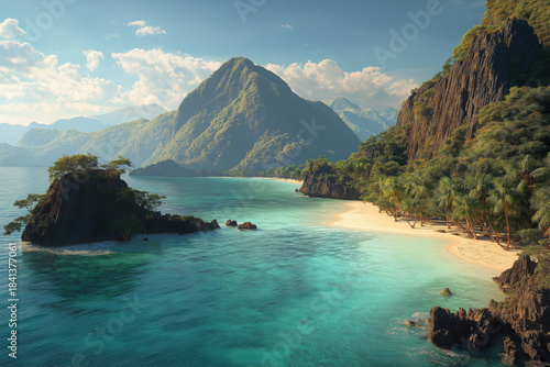 Tropical beach and emerald waters of Palawan Philippines with dramatic limestone cliffs and lush island scenery