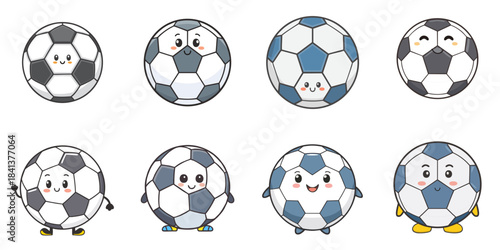 Multiple vector illustrations of cute-faced soccer balls