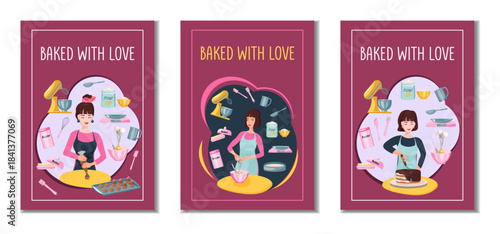Set of baking posters with a bakers preparing desserts. Kitchen tools and ingredients. Perfect for bakery backgrounds, advertisement, dessert recipes, cooking classes, and food blogs.