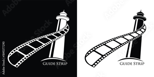 A lighthouse with a film reel wrapped around it, symbolizing cinema and storytelling, presented in both black and white