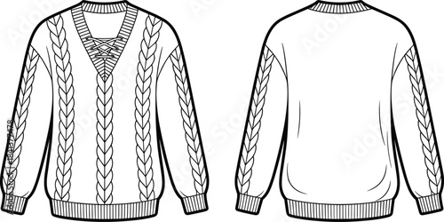 Lace up cable knit sweater technical drawing front and back view vector illustration fashion design template isolated background