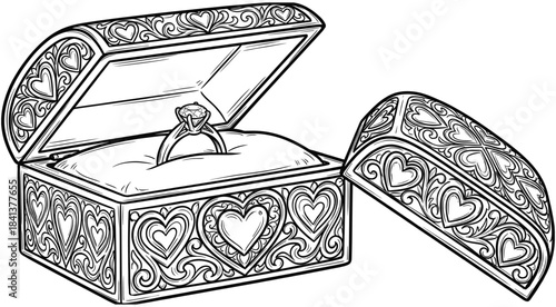 Black and white vector sketch of open jewelry box with diamond ring for wedding or engagement proposal design.