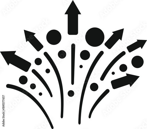 Black arrows and dots are bursting outwards, depicting growth, expansion, or a big impact
