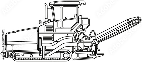 Black and white vector line art of heavy construction road milling machine with conveyor belt and crawler tracks.
