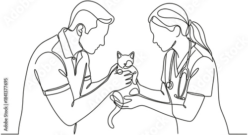 Continuous line drawing of two veterinarians examining small cat in animal clinic for pet care design.