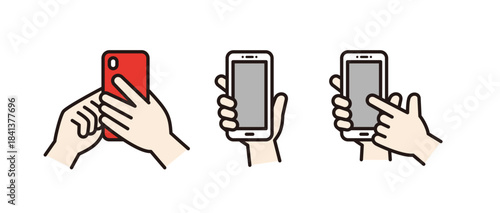 スマートフォンを持つ・操作する手の、シンプルなベクターイラストアイコンセット＿カラー