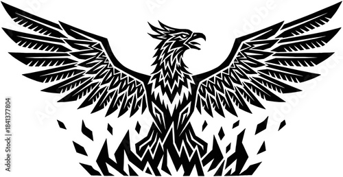 Black and white vector illustration of stylized Phoenix bird rising from flames with spread wings for mascot logo.