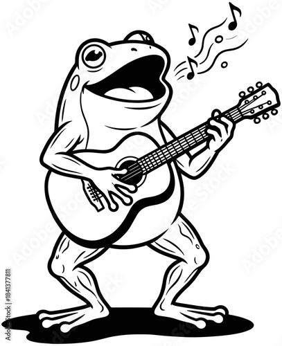 Black and white vector cartoon of happy frog playing acoustic guitar and singing with music notes for design.