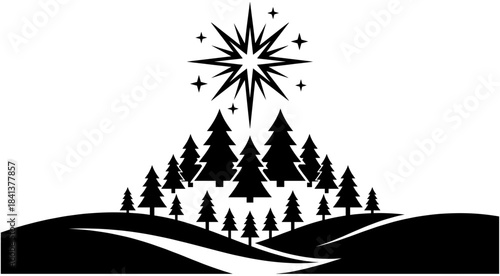 Black and white vector silhouette of Christmas pine trees on hills under bright Star of Bethlehem, winter holy night landscape.
