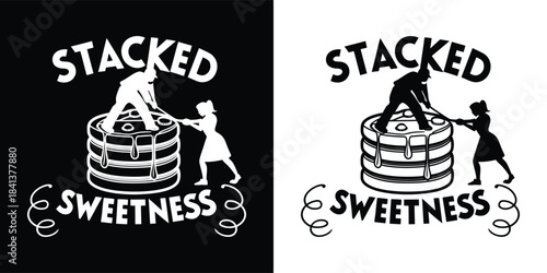Two people stacking luggage with the words stacked sweetness below, black and white illustration
