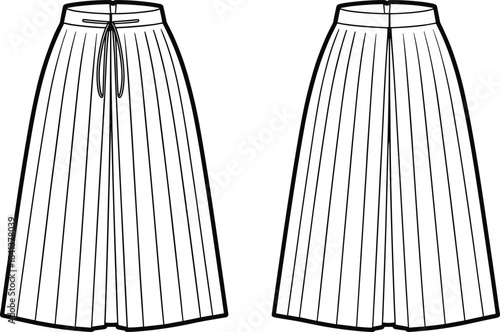 Pleated wide leg pants technical drawing front and back view vector illustration fashion design template isolated background