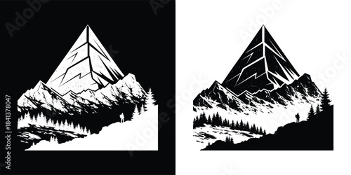 A majestic mountain range with a prominent pyramidshaped peak, surrounded by dense forest and a serene lake, depicted in contrasting black and white