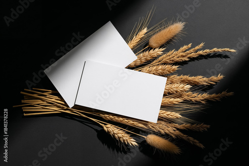 Elegant Stationery Mockup Featuring Two Blank White Cards and Golden Wheat Stems on a Dark Background with Subtle Shadows