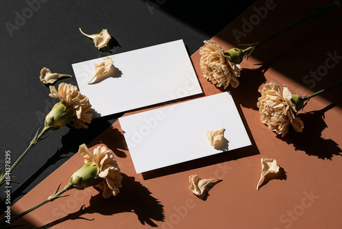 Top View of Blank White Cards with Beige Dried Carnations on a Two Toned Brown and Black Background in Natural Sunlight