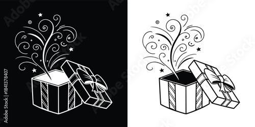 A black and white sketch of an open gift box with swirling magical particles and ribbons exploding from it, isolated on white background